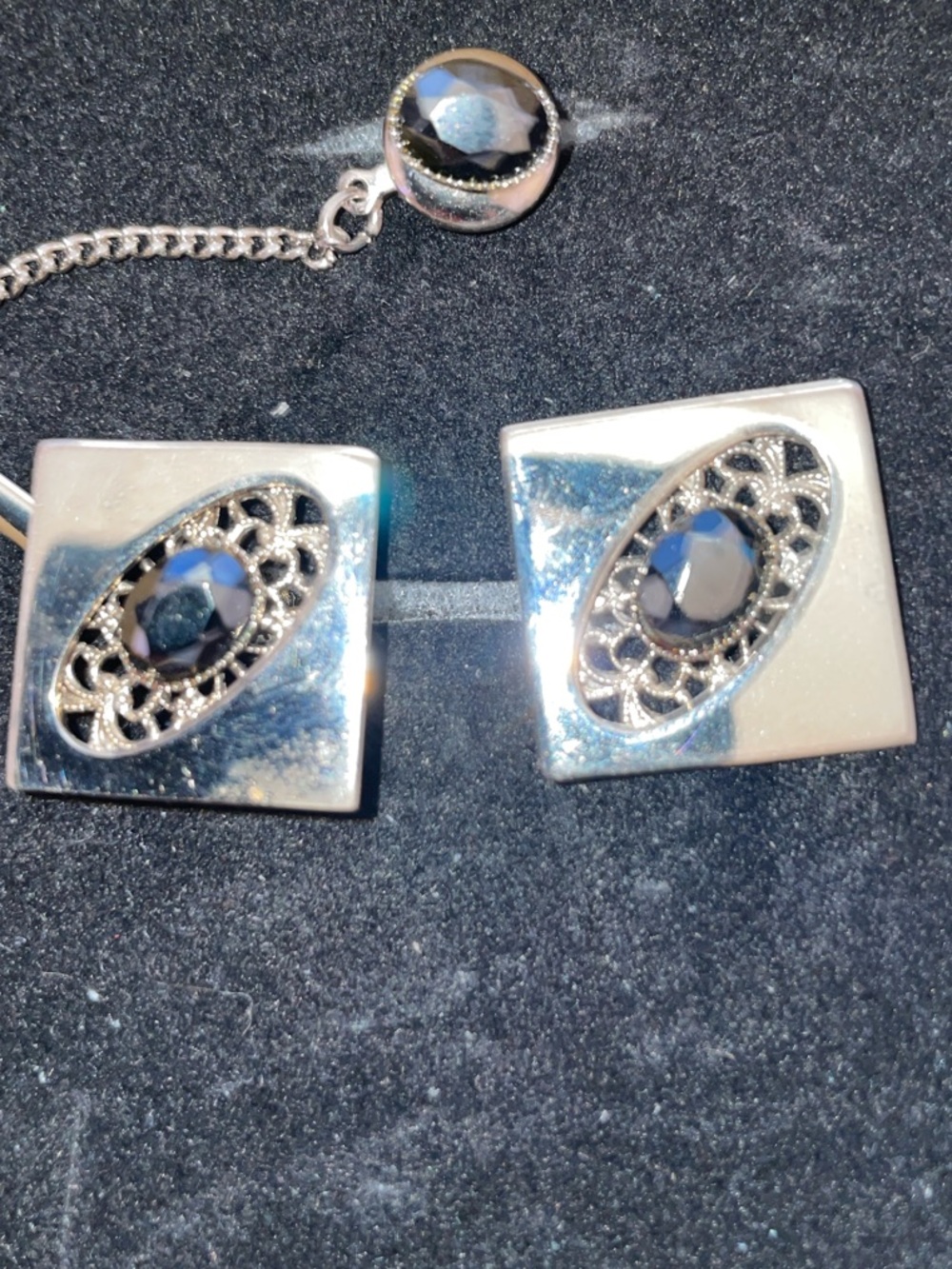 Vintage Square Cufflinks with Black Faceted Stone and matching tie tack
